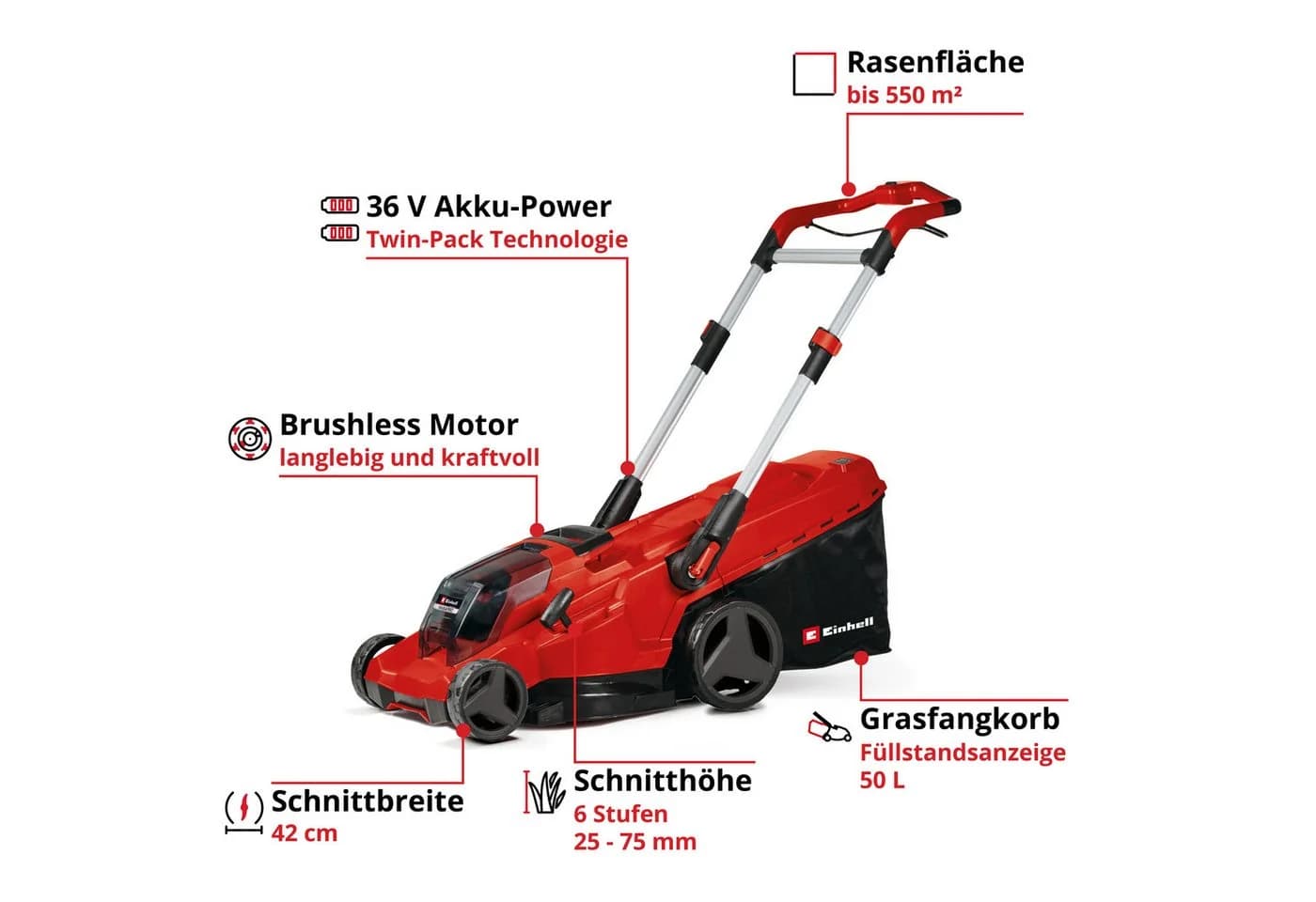 Einhell Akkurasenmäher PROFESSIONAL RASARRO 36/42 Rot 2x 4.0Ah