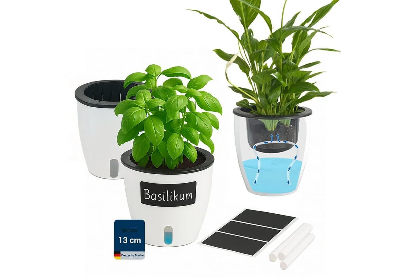 Maximex Selbstbewässernde Pflanztöpfe Set 3 St mit Wasserstandsanzeige