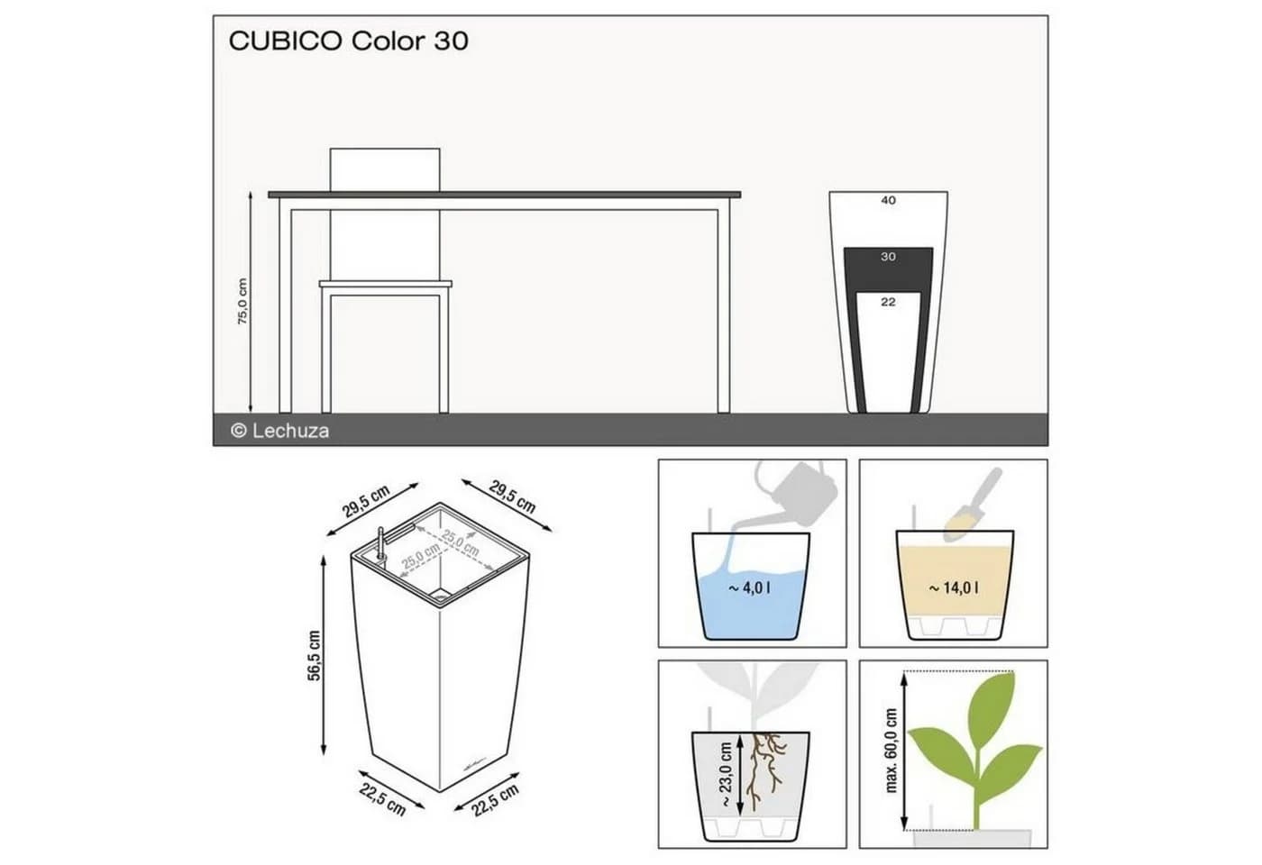 Lechuza® Pflanzkübel Cubico Color 30 sandbraun mit Wassersystem - Bild 3