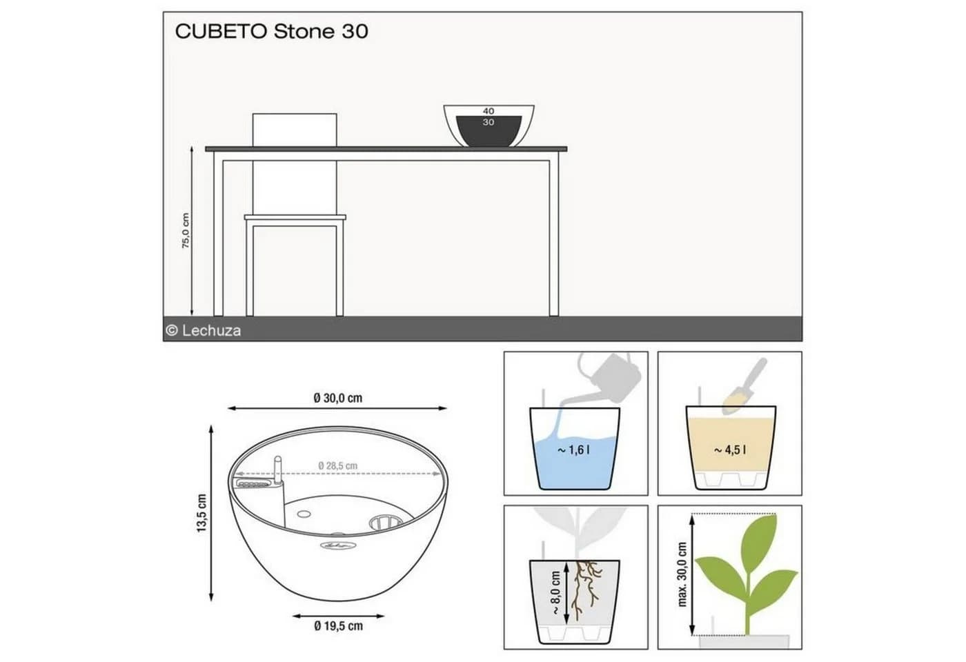 Lechuza® Pflanzschale Cubeto Stone 30 quarzweiß - Bild 3