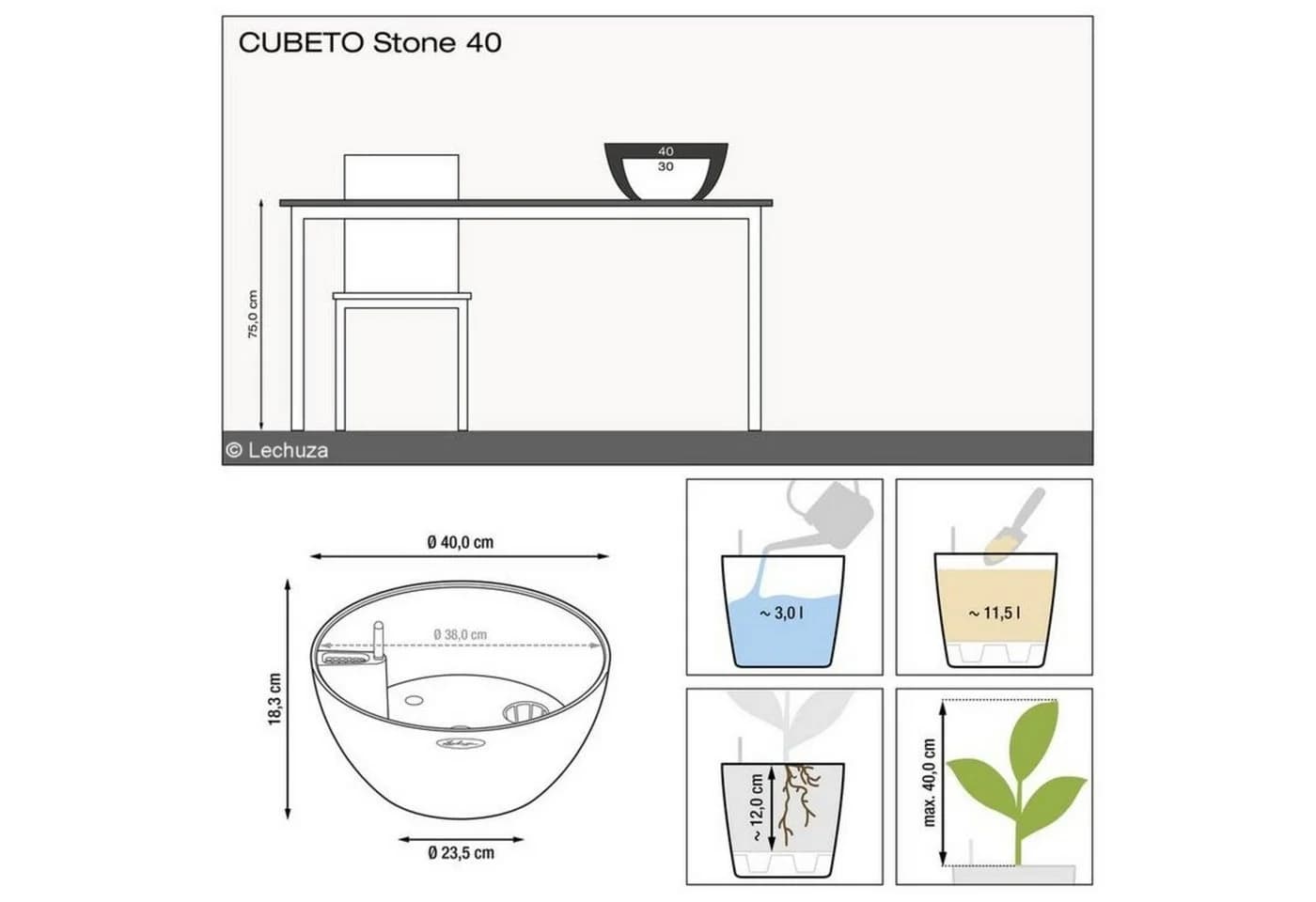 Lechuza Cubeto Stone 40 Pflanzschale steingrau Komplettset - Bild 3