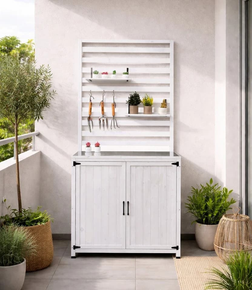 Leco Garten-Geräteschrank Gartenregal THEA Tannenholz Weiß - Bild 4