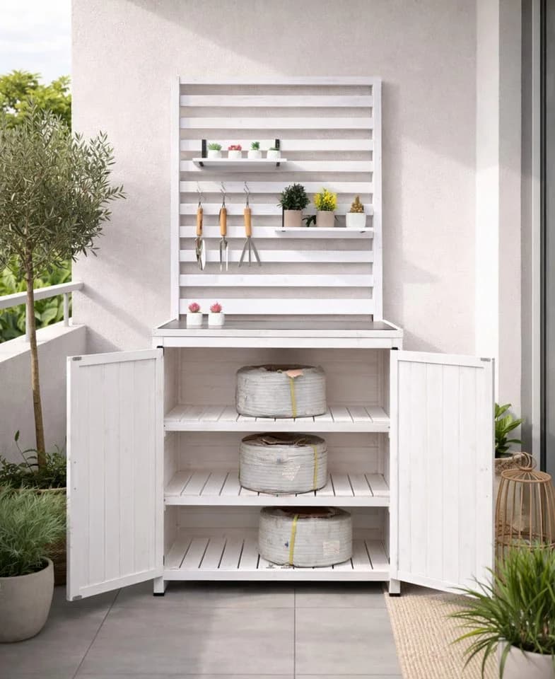 Leco Garten-Geräteschrank Gartenregal THEA Tannenholz Weiß - Bild 5