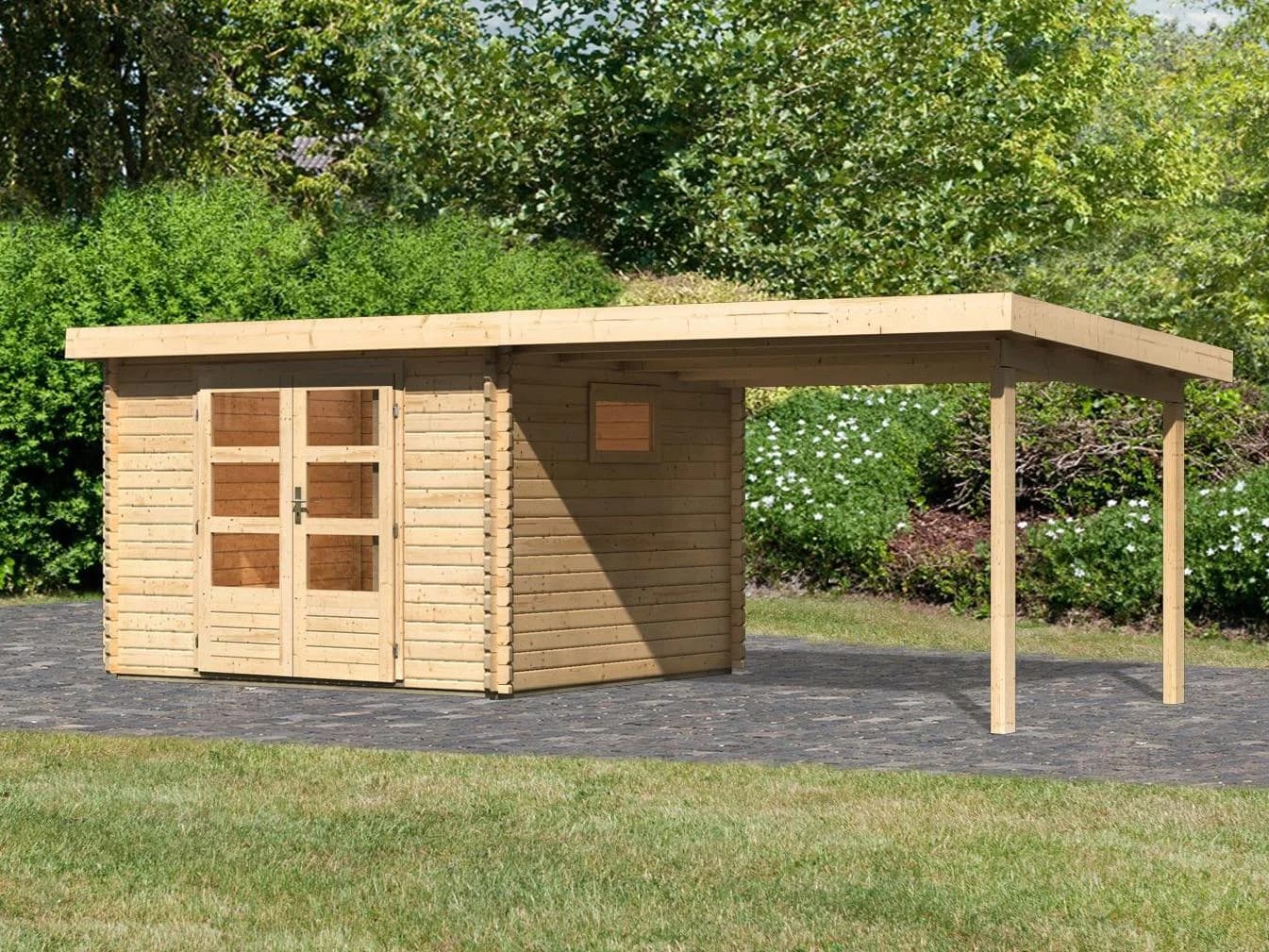 Gartenhaus KARIBU Trittau 3 Blockbohlenhaus mit Pultdach und Fenster