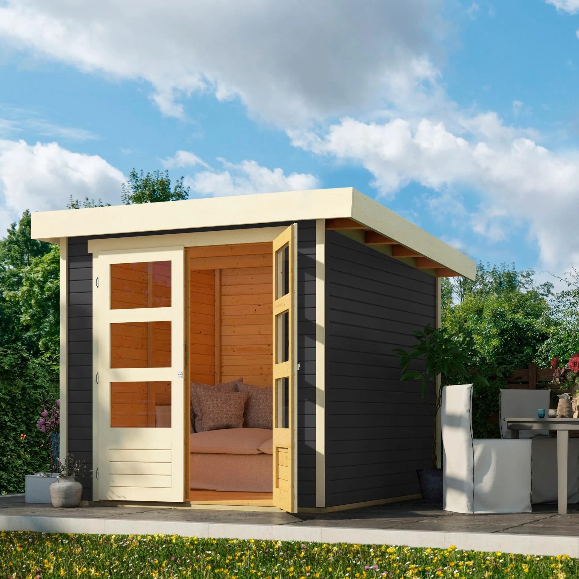 Gartenhaus KARIBU Arnis 2 Terragrau Holzwerkstoff Flachdach