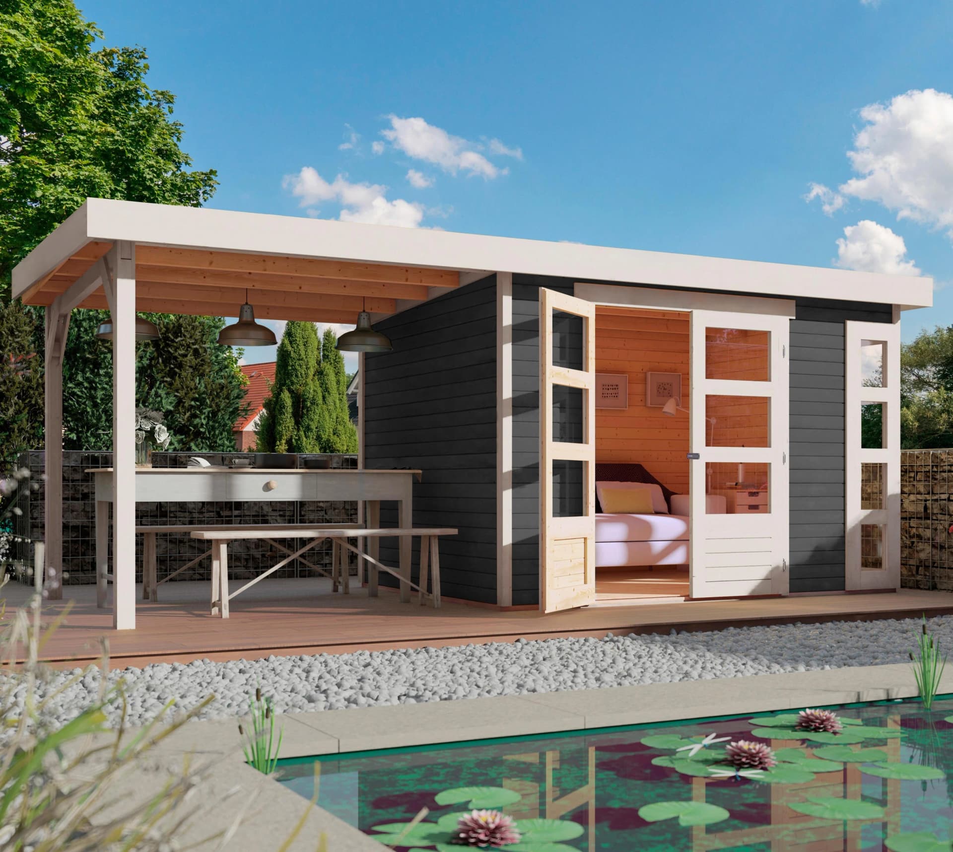 Gartenhaus KARIBU Nordsee 4 Grau Modern Holzwerkstoff