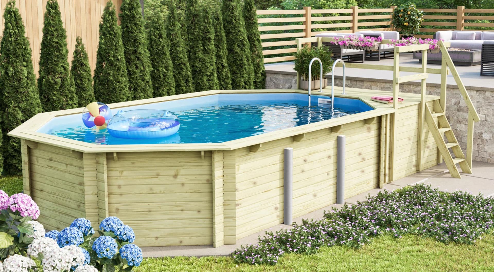 Achteckpool KARIBU PALMA Set C mit Sonnendeck und Eck-Terrasse