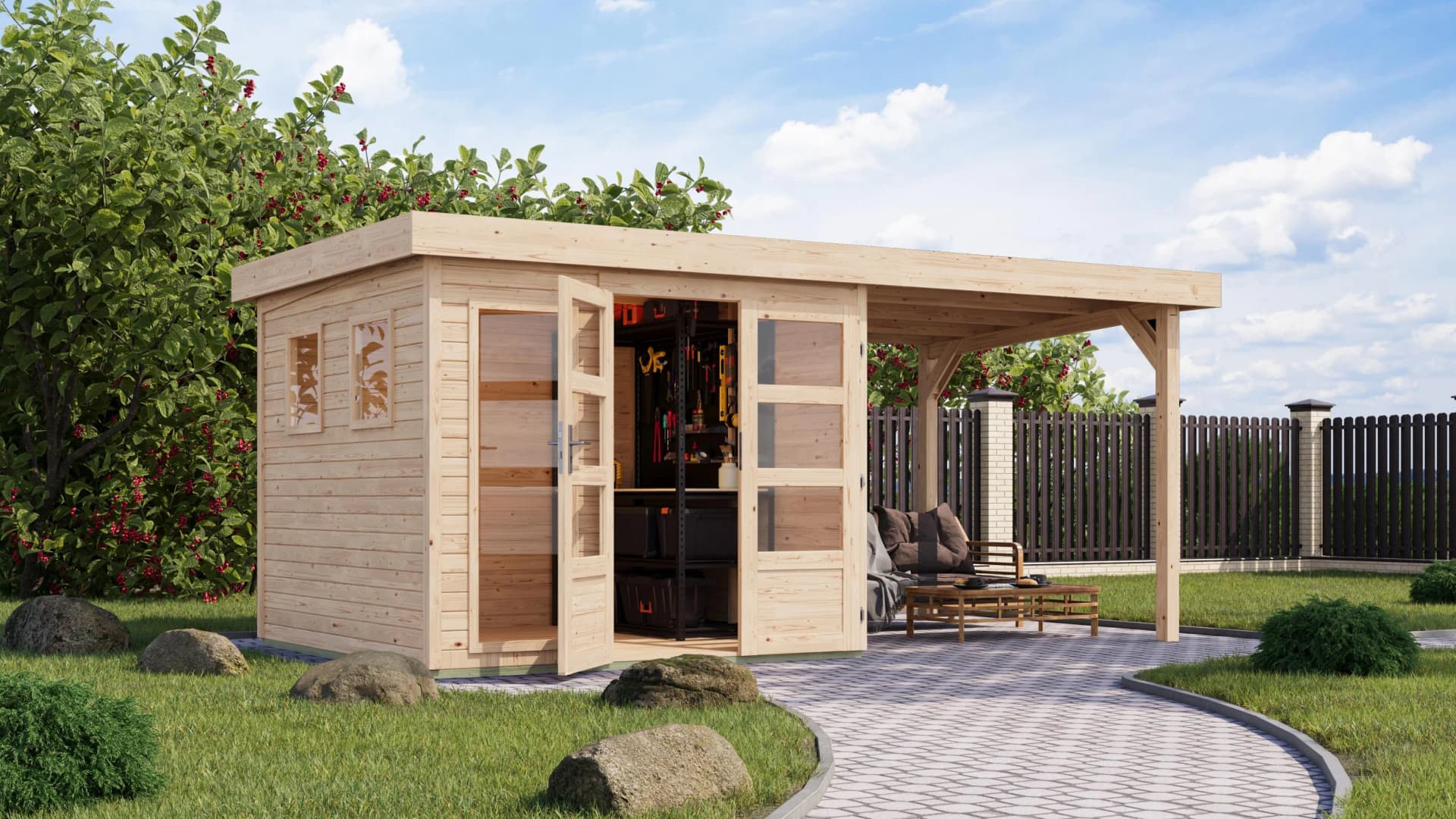 Gartenhaus KARIBU Langesee 3,5 mit Anbaudach, naturbelassen, Holzwerkstoff