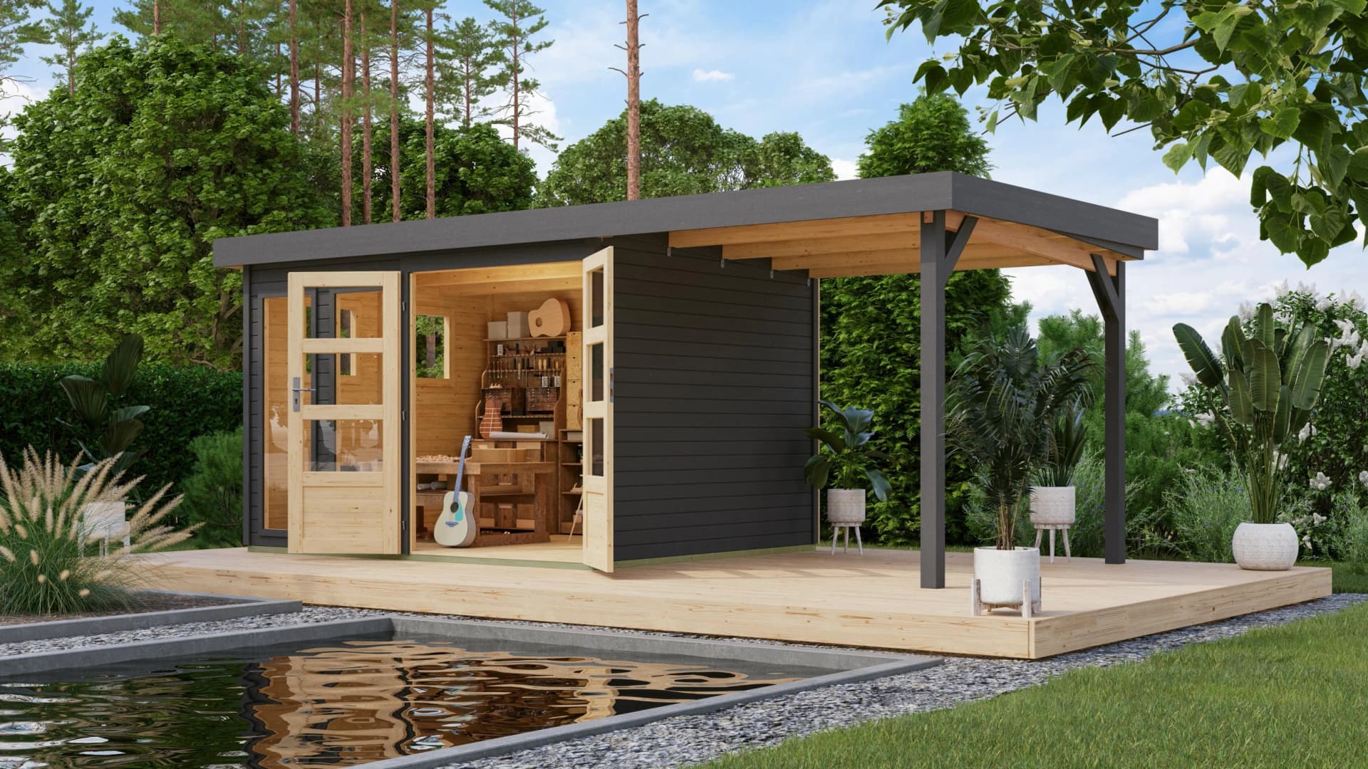 Karibu Gartenhaus Langesee 5 Terragrau mit Anbaudach