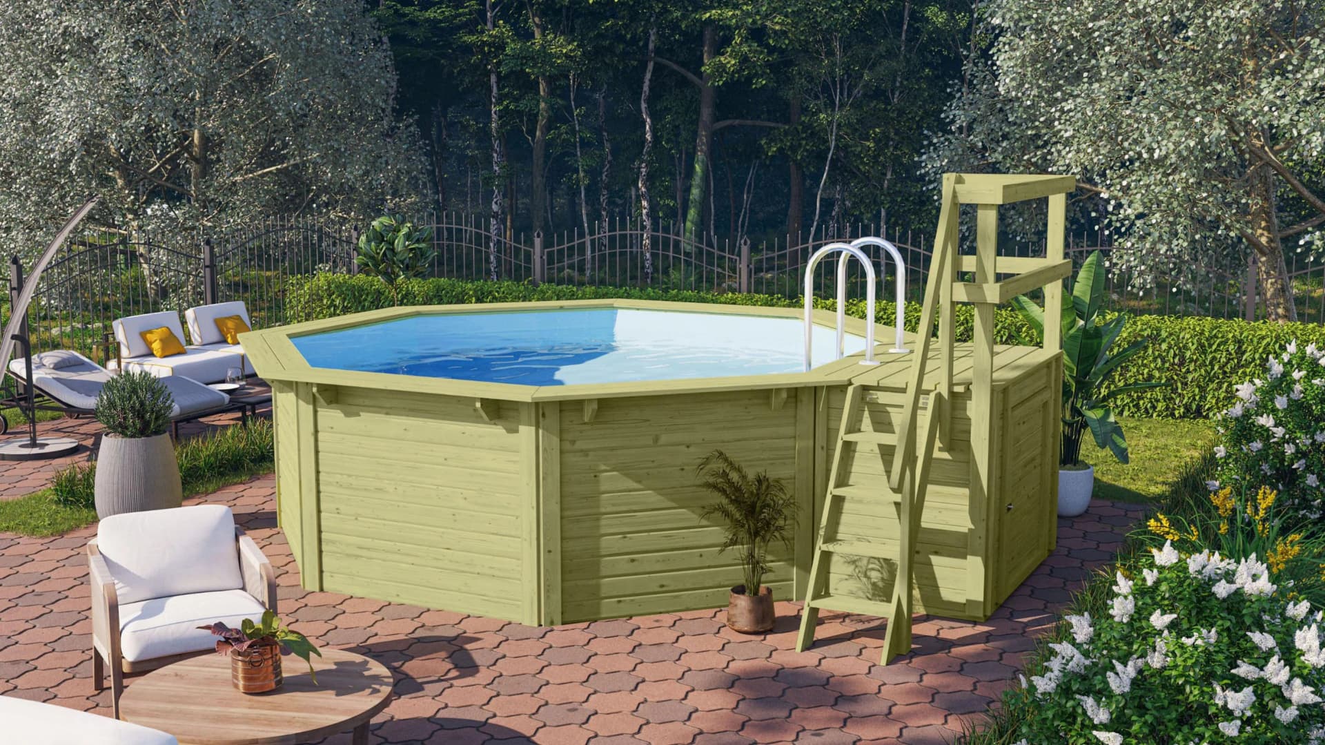 Achteckiger Massivholz-Pool mit Blockbohlen und Poolfolie