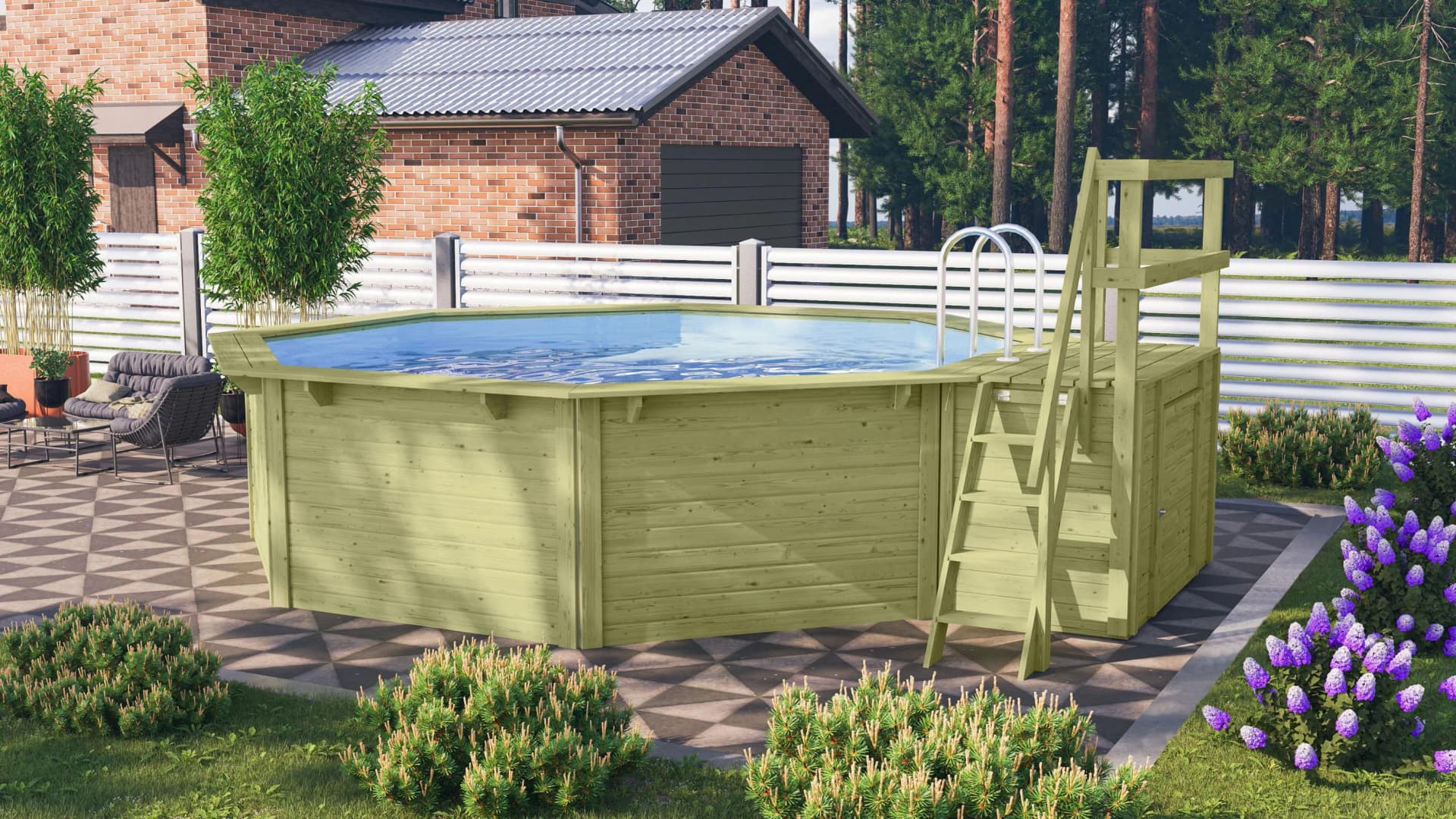Achteckiger Massivholz-Pool mit Poolfolie