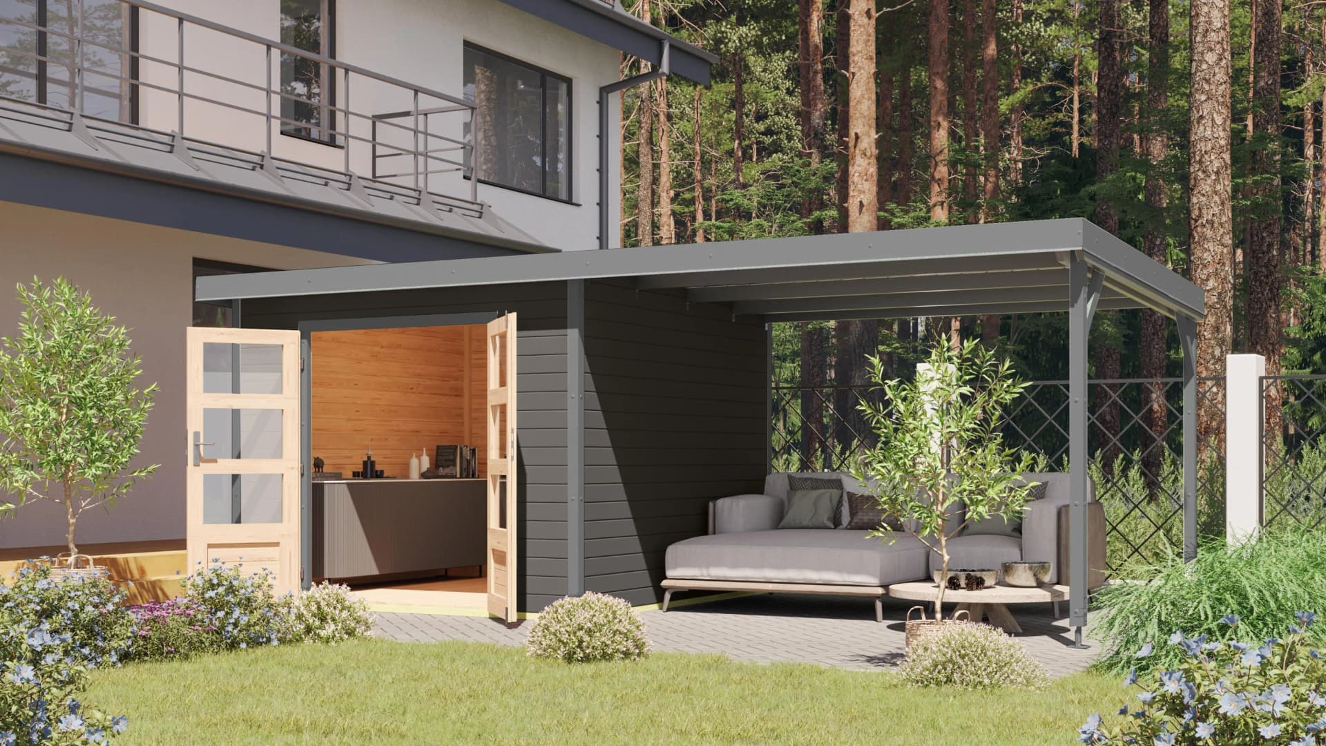 Gartenhaus KARIBU Plutino 6 SET Massivholz Pultdach