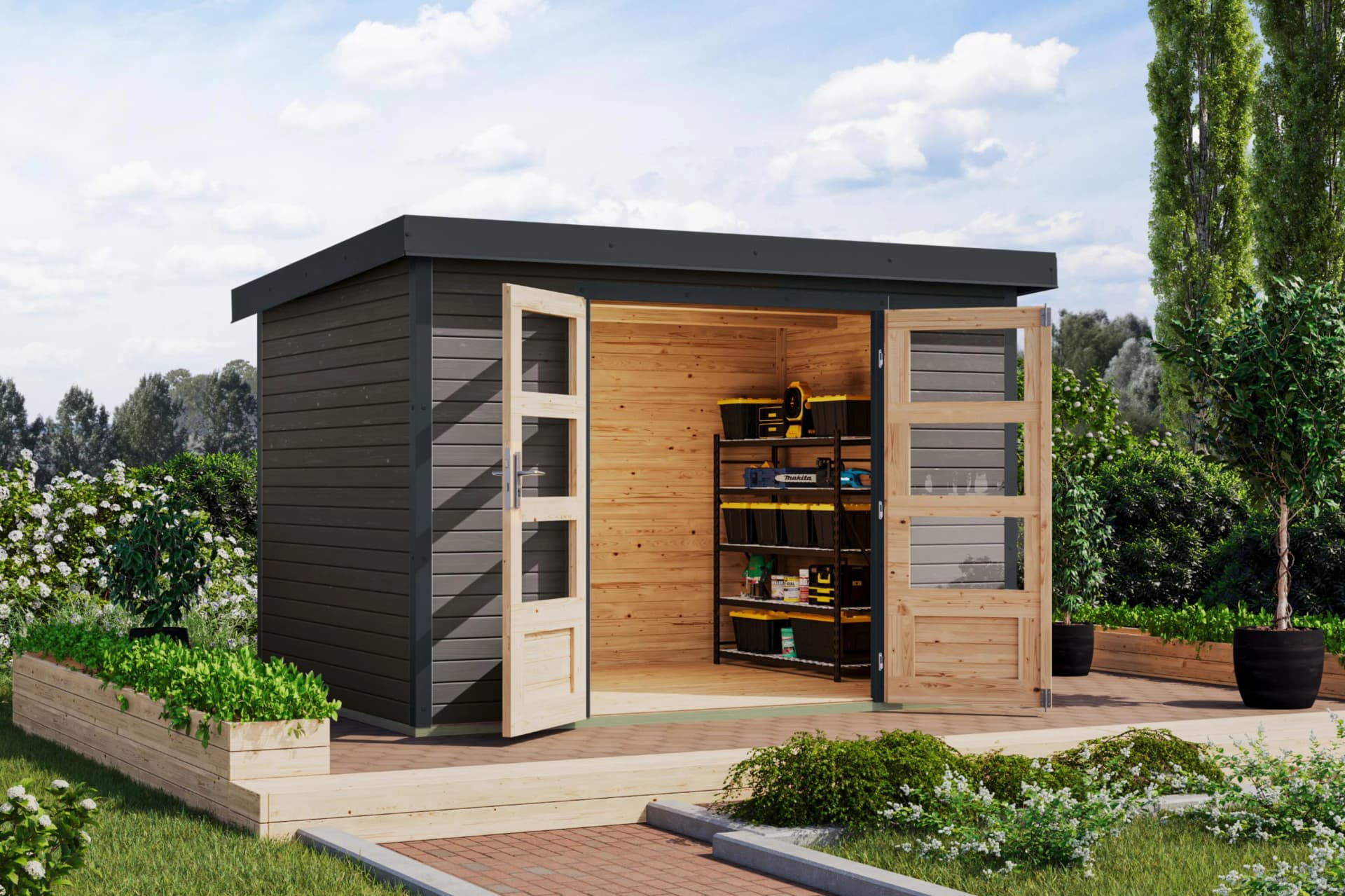 Gartenhaus KARIBU Jupiterino 4A Terragrau Anthrazit Massivholz