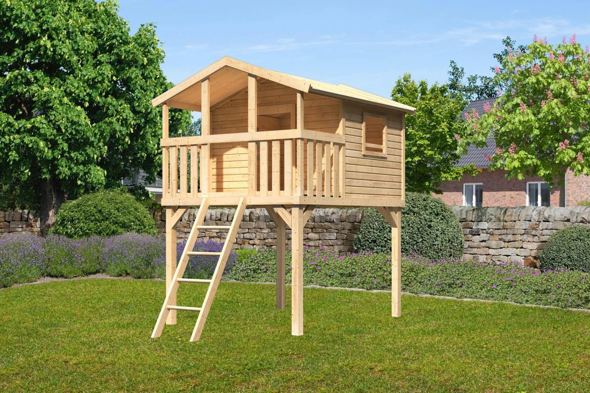 Akubi Spielturm Unfug Beige Natur mit Satteldach