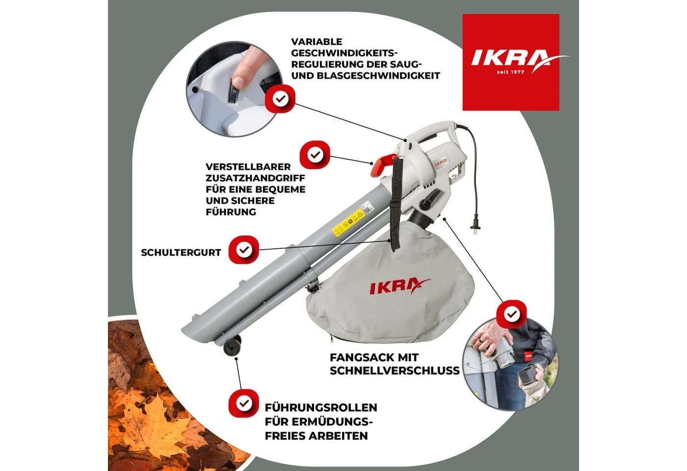 IKRA Elektro-Laubbläser IBV 3000 3in1 240km/h Blaskraft 45L Fangsack
