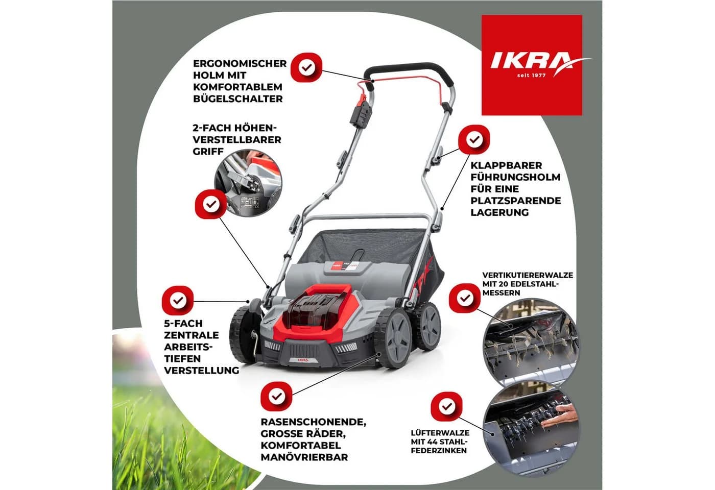 IKRA Akku-Vertikutierer 3in1 36 cm Arbeitsbreite