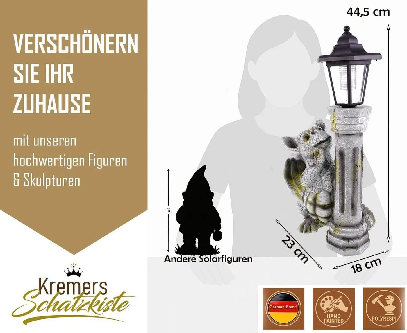 Kremers Schatzkiste Gartenfigur Drache mit LED Solarlaterne 45cm - Bild 3