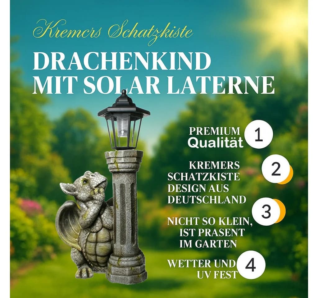 Kremers Schatzkiste Gartenfigur Drache mit LED Solarlaterne 45cm - Bild 4
