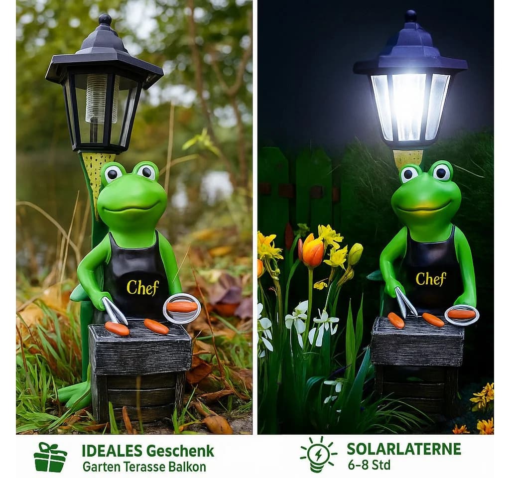 Kremers Schatzkiste Gartenfigur XXL Frosch Grillmeister LED Solarlaterne - Bild 4