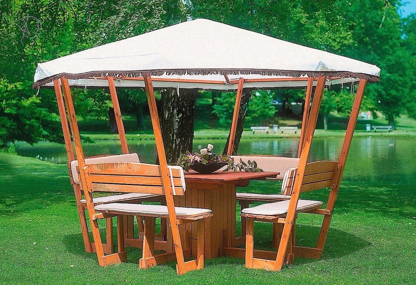 Promadino Holzpavillon Rosenheim Weiß Braun Inkl. Sitzgruppe