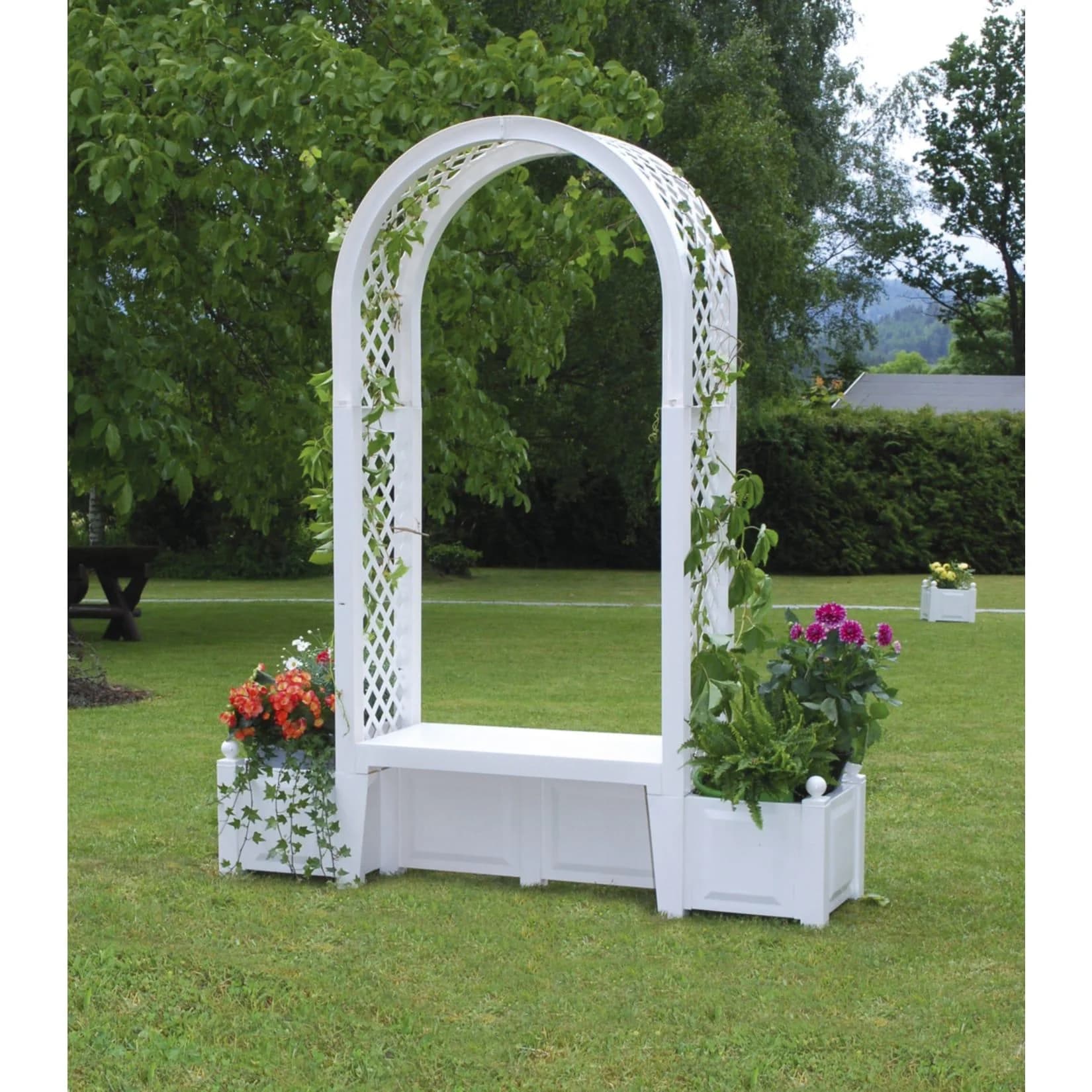KHW Gartenbank Brüssel Weiß mit Rosenbogen und Pflanzkästen