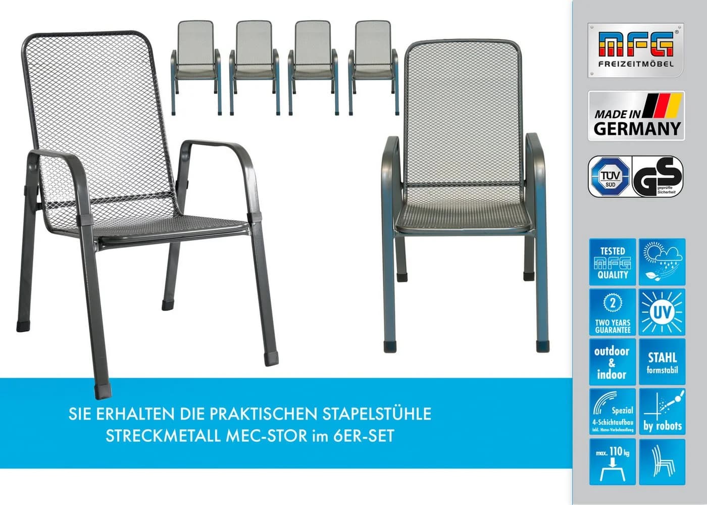 MFG Freizeitmöbel Stapelstuhl Mec-Stor 6er Set Anthrazit