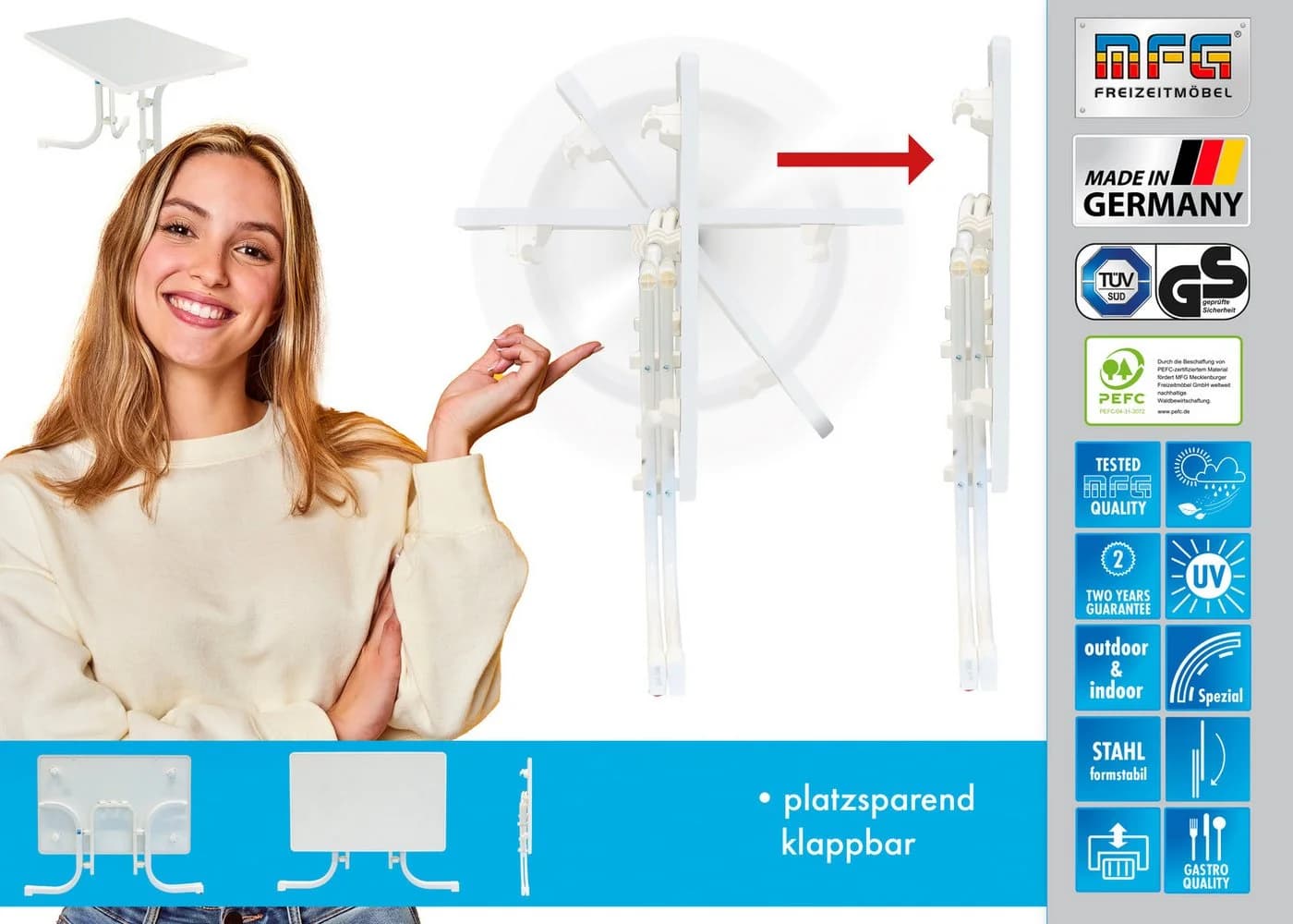 MFG Boulevardklapptisch 110x70 cm, weiß, Wetterfeste Melamin-Platte - Bild 5