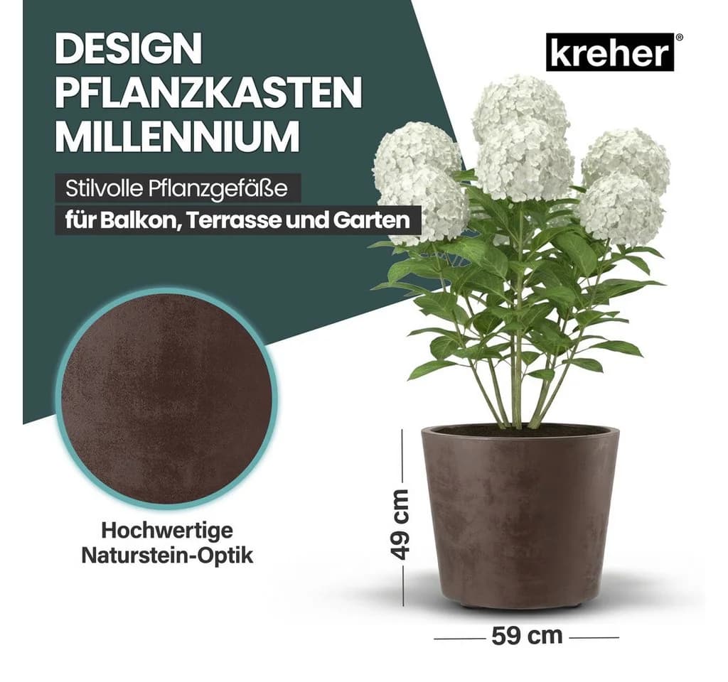 Kreher Pflanzkübel Millennium 80L Rollbar Naturstein Optik