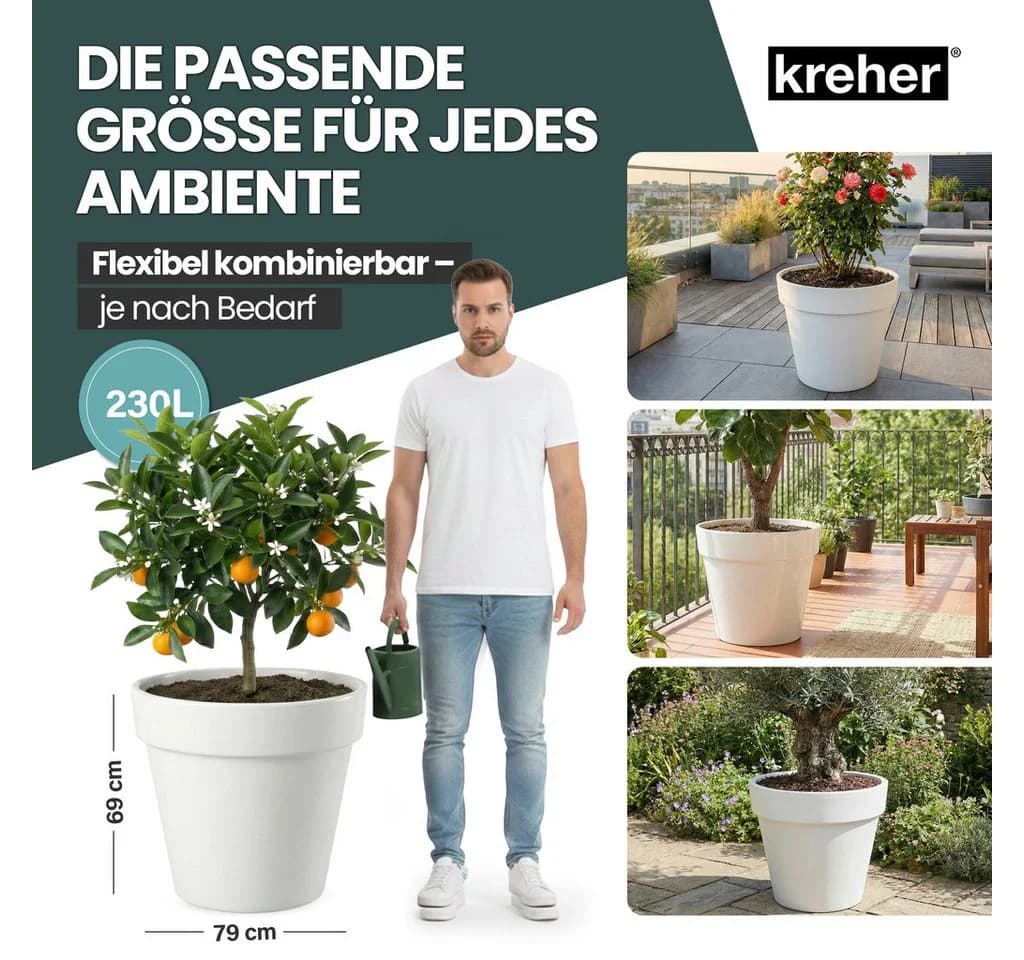 Kreher Pflanzkübel Set 'LIKE' XXL + XL - Grau - Rollbar - UV-beständig