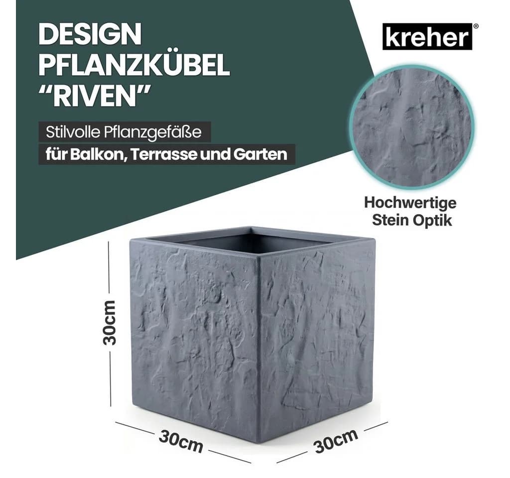 Kreher Pflanzkübel 'Riven' Stein Optik Anthrazit Kunststoff