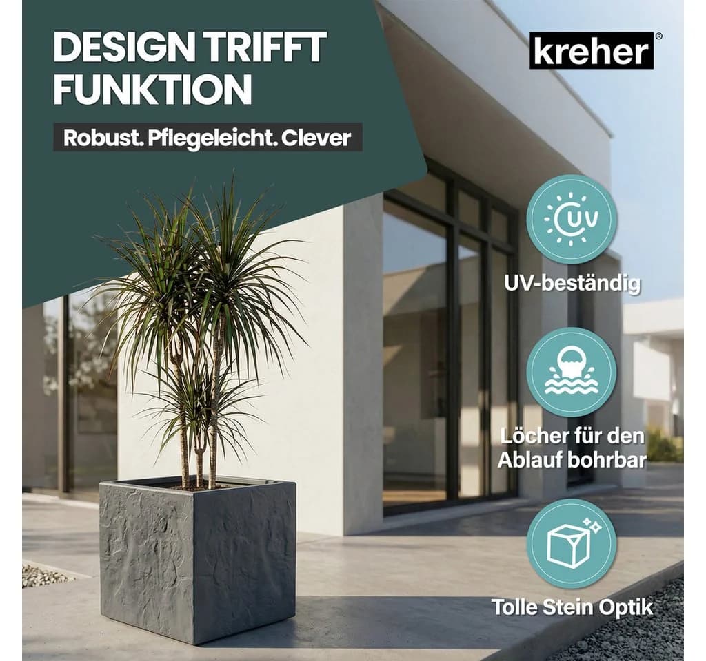 Kreher Pflanzkübel 'Riven' Stein Optik Anthrazit Kunststoff - Bild 3