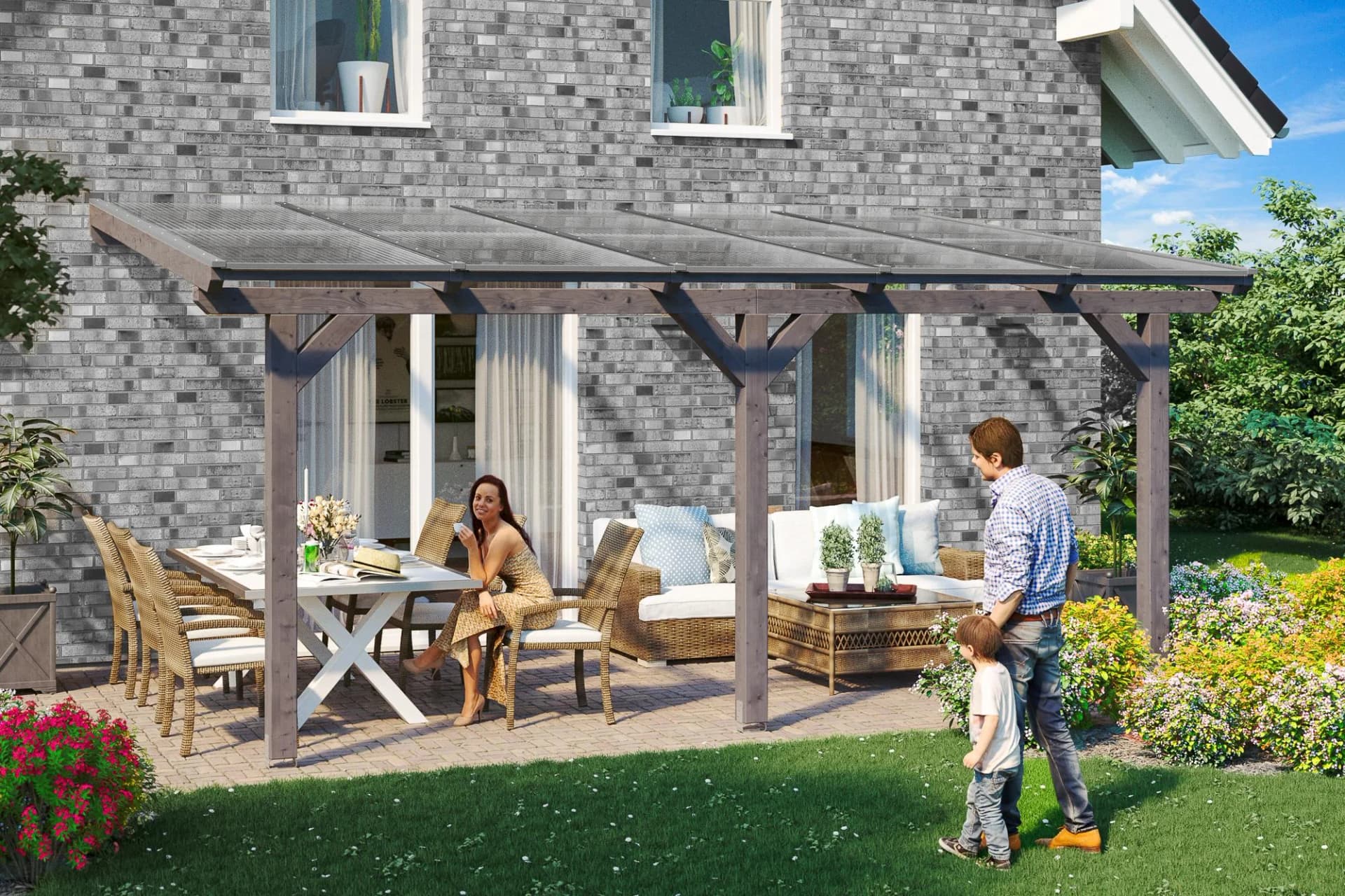 Skan Holz Terrassenüberdachung Bormio Schiefergrau Polycarbonat