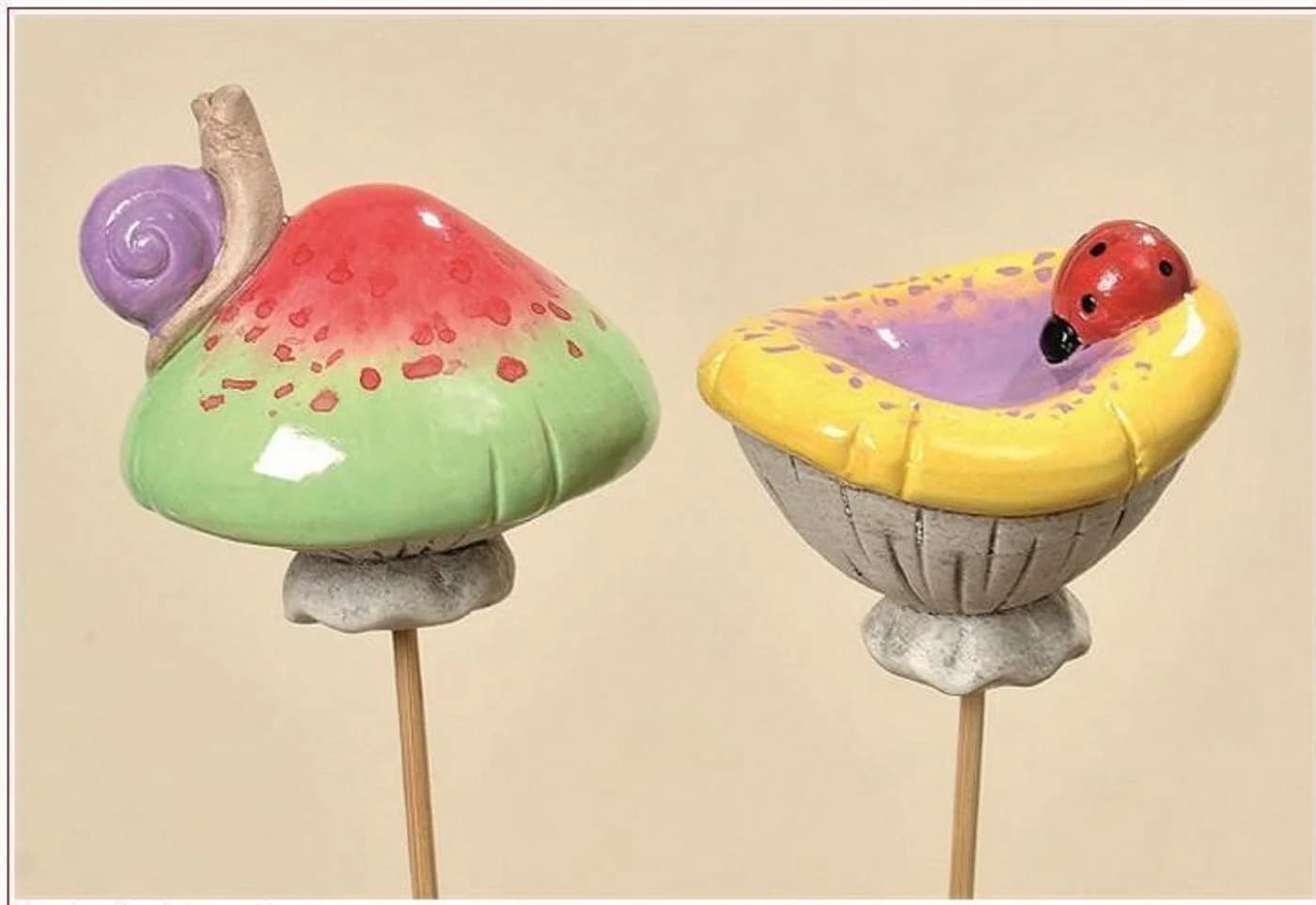 BOLTZE GRUPPE 2er Set Gartenstecker Terrakotta Pilz Schnecke Marienkäfer