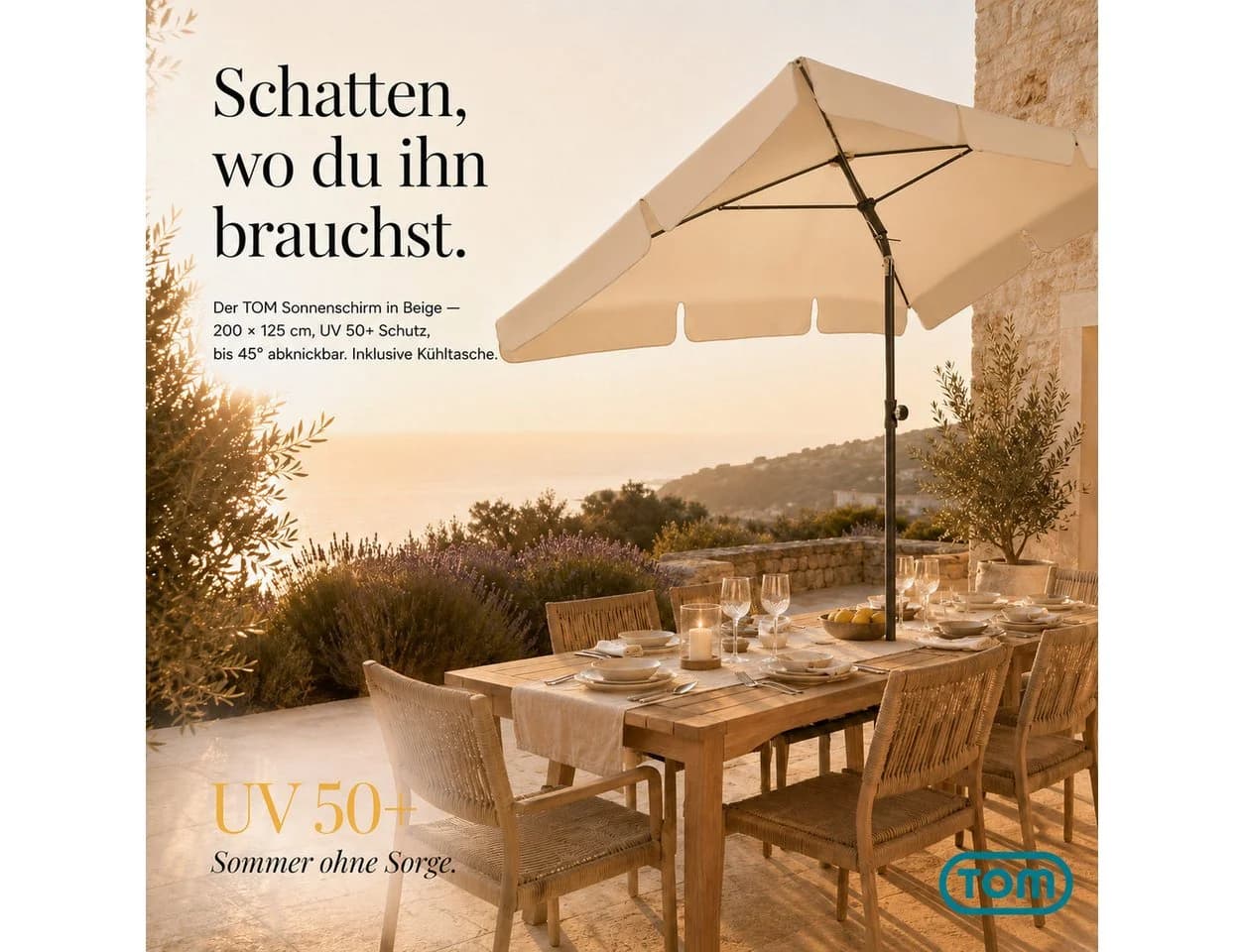 TOM Sonnenschirm 125x200 cm abknickbar UV-Schutz 50+ Beige