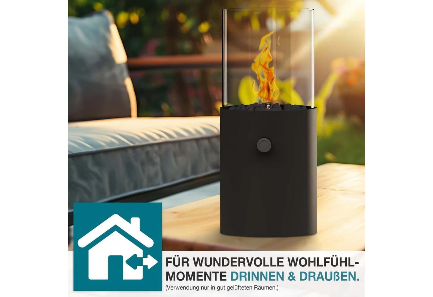 TOM Tischkamin Gas Schwarz mit 3x Kartuschen & Dekosteine