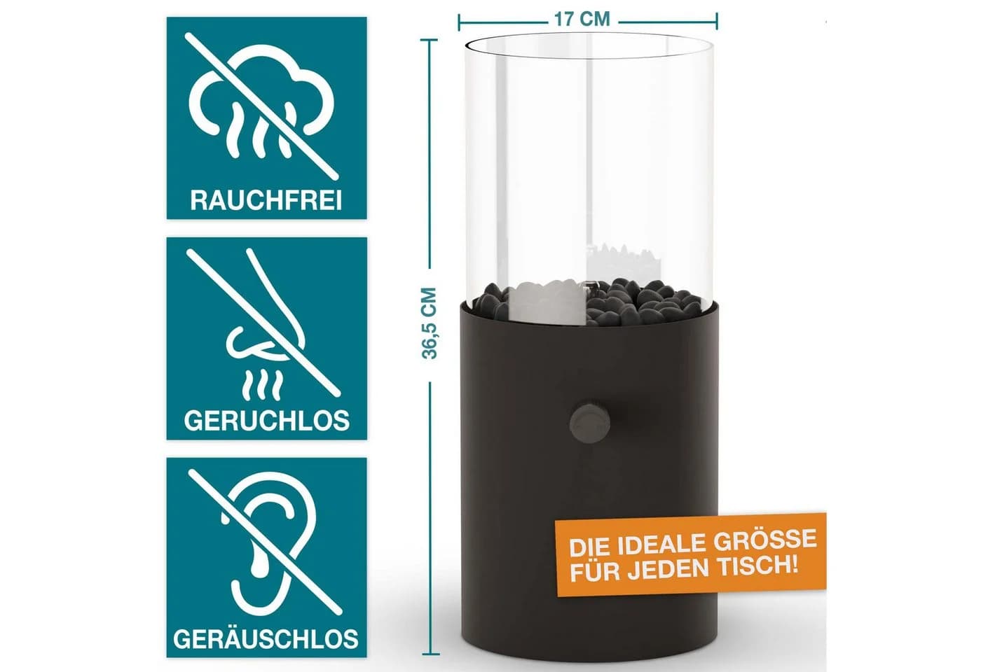 TOM Tischkamin Gas Schwarz mit 3x Kartuschen & Dekosteine - Bild 3