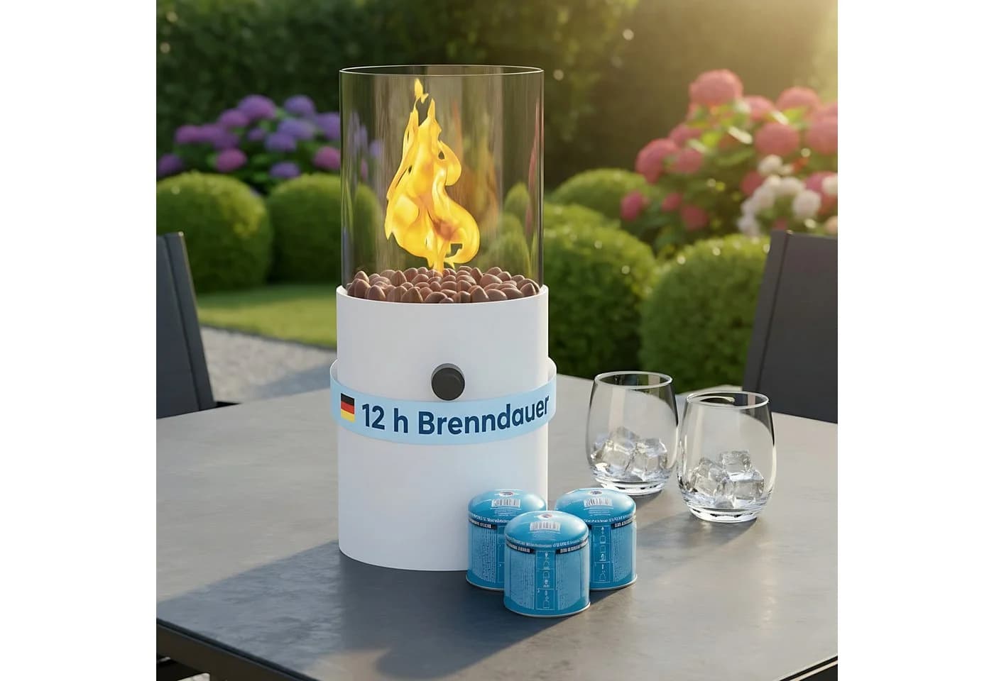 TOM Tischkamin Gas mit 3x 190g Kartuschen, 12h Brenndauer, Dekosteine, Schwarz - Bild 2