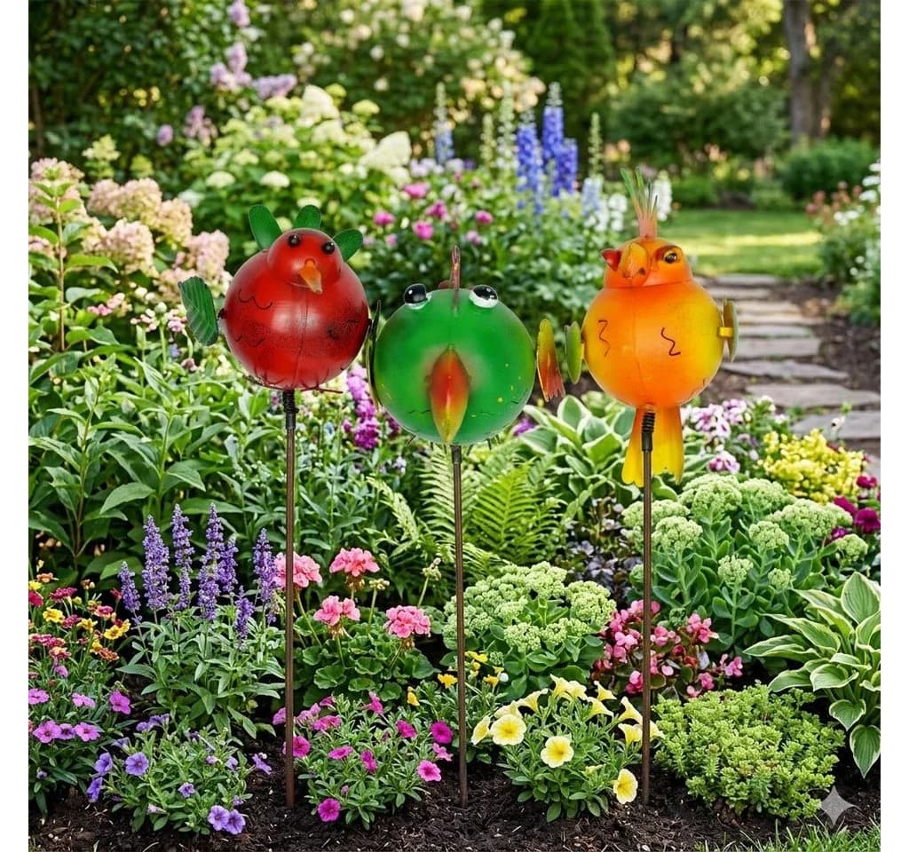 Denk Gartenstecker 3er Set bunte fliegende Tiere Metall