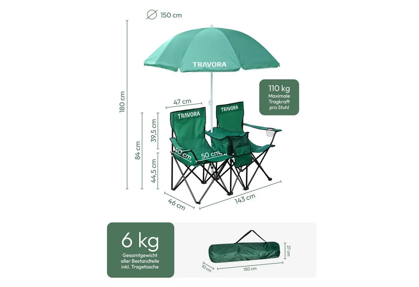 MOVAN Campingstuhl 2er Partner mit Sonnenschirm und Kühlbox - Grün - Bild 3