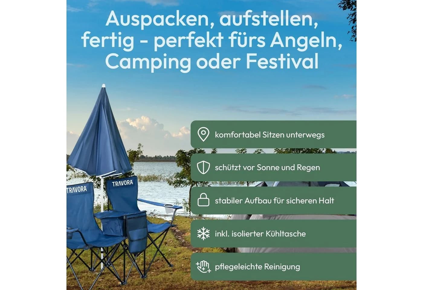 MOVAN Campingstuhl 2er Partner Anglerstuhl mit Sonnenschirm und Kühlfach Blau