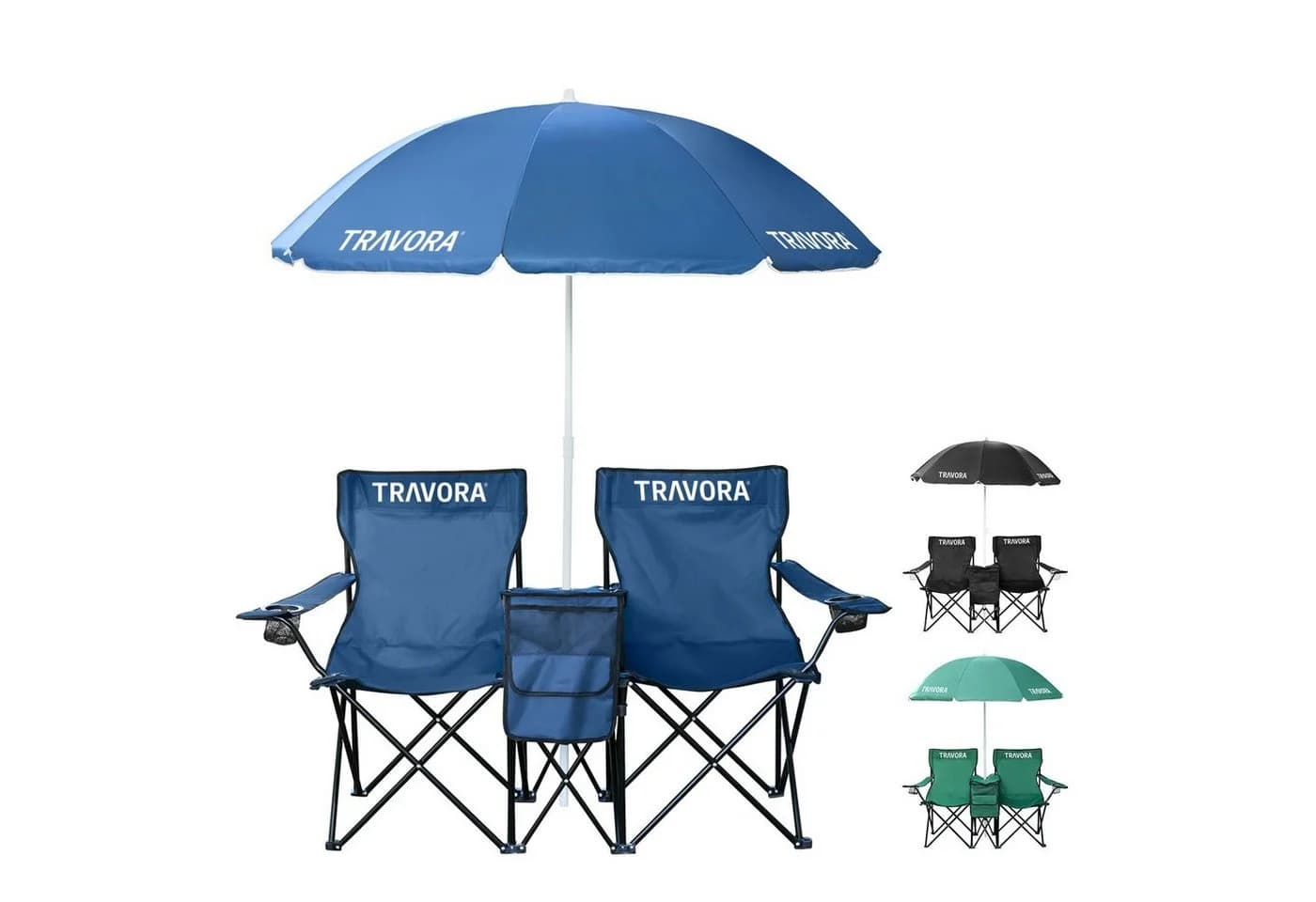 MOVAN Campingstuhl 2er Partner Anglerstuhl mit Sonnenschirm und Kühlfach Blau - Bild 2