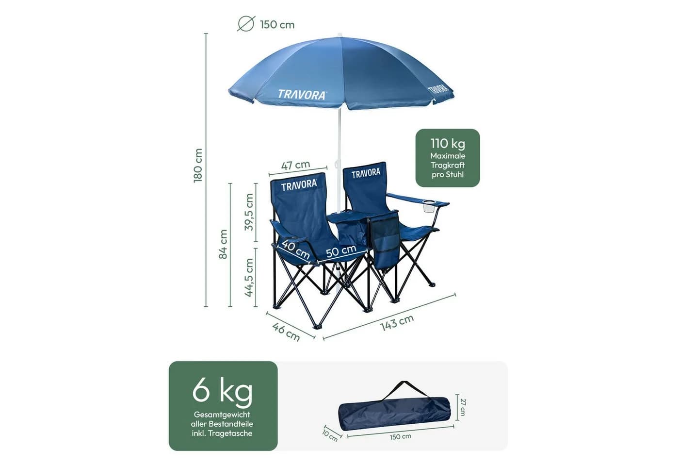 MOVAN Campingstuhl 2er Partner Anglerstuhl mit Sonnenschirm und Kühlfach Blau - Bild 3