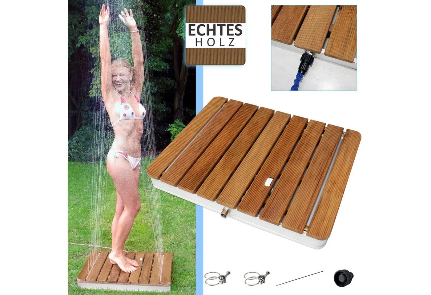 Mobile Gartendusche aus massivem Teak-Holz