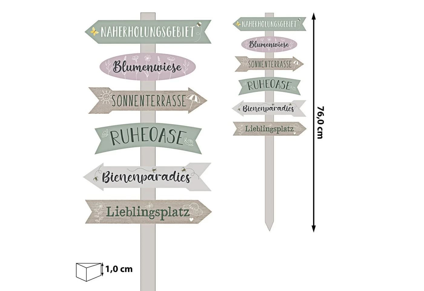 CEPEWA Gartenstecker Gartenschild Wegweiser 6 Planken Natur/Grün/Rosa