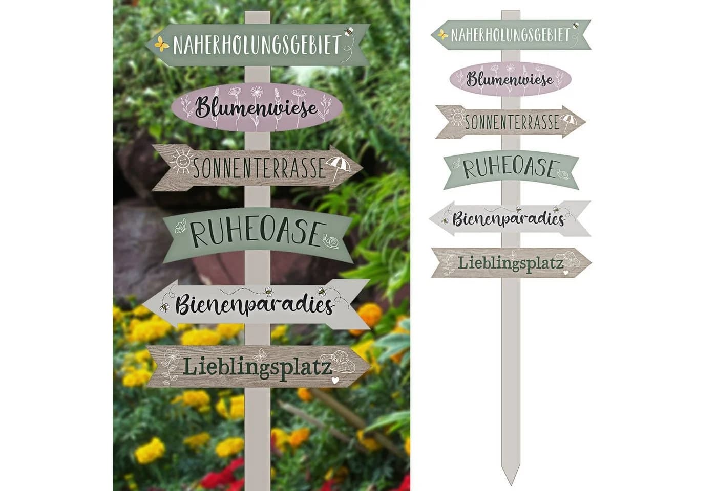 CEPEWA Gartenstecker Gartenschild Wegweiser 6 Planken Natur/Grün/Rosa - Bild 2