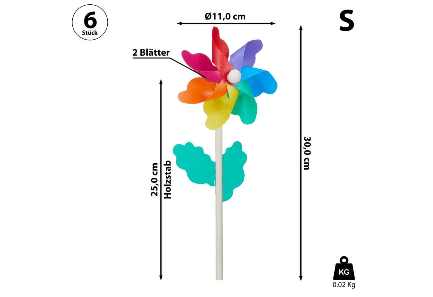 CEPEWA Windspiel Windrad 6er Set Ø11cm H30cm Holzstab Kunststoff bunt