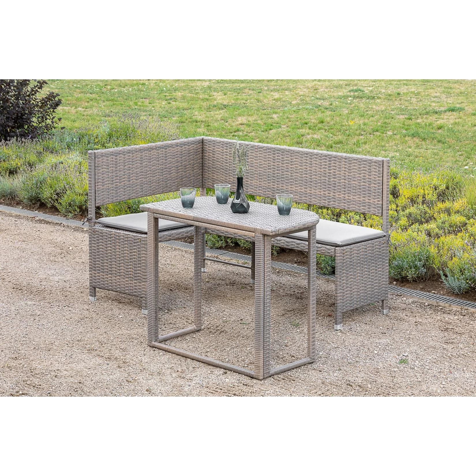Merxx Balkonset Grau Beige Poly Rattan Eckbank mit Tisch
