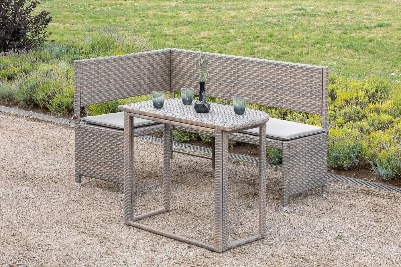 Merxx Balkonset Grau Beige Poly Rattan Eckbank mit Tisch - Bild 2