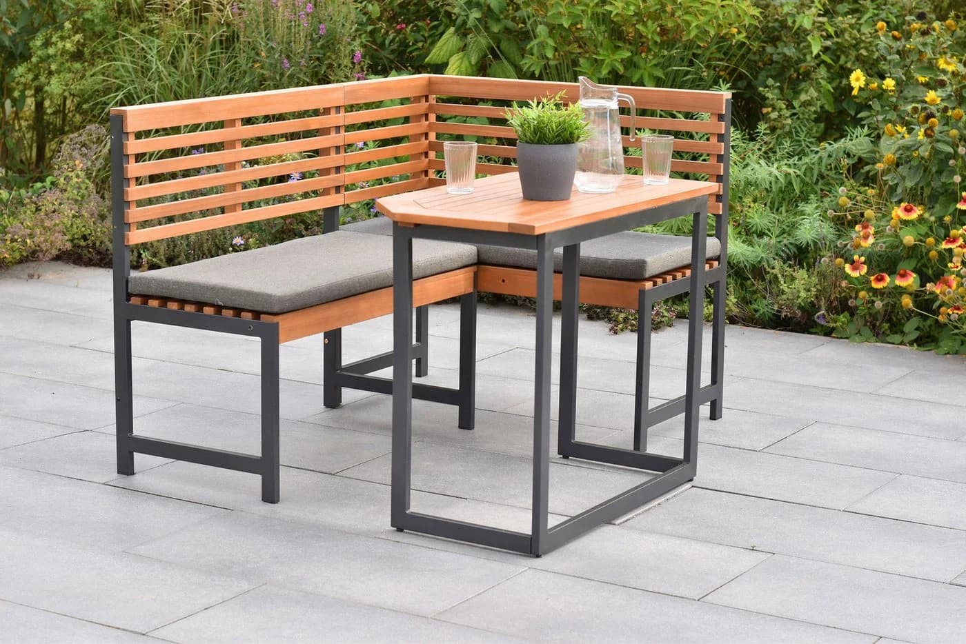 MERXX Eckbankgruppe Set mit Klappentisch Akazie Aluminium Grau