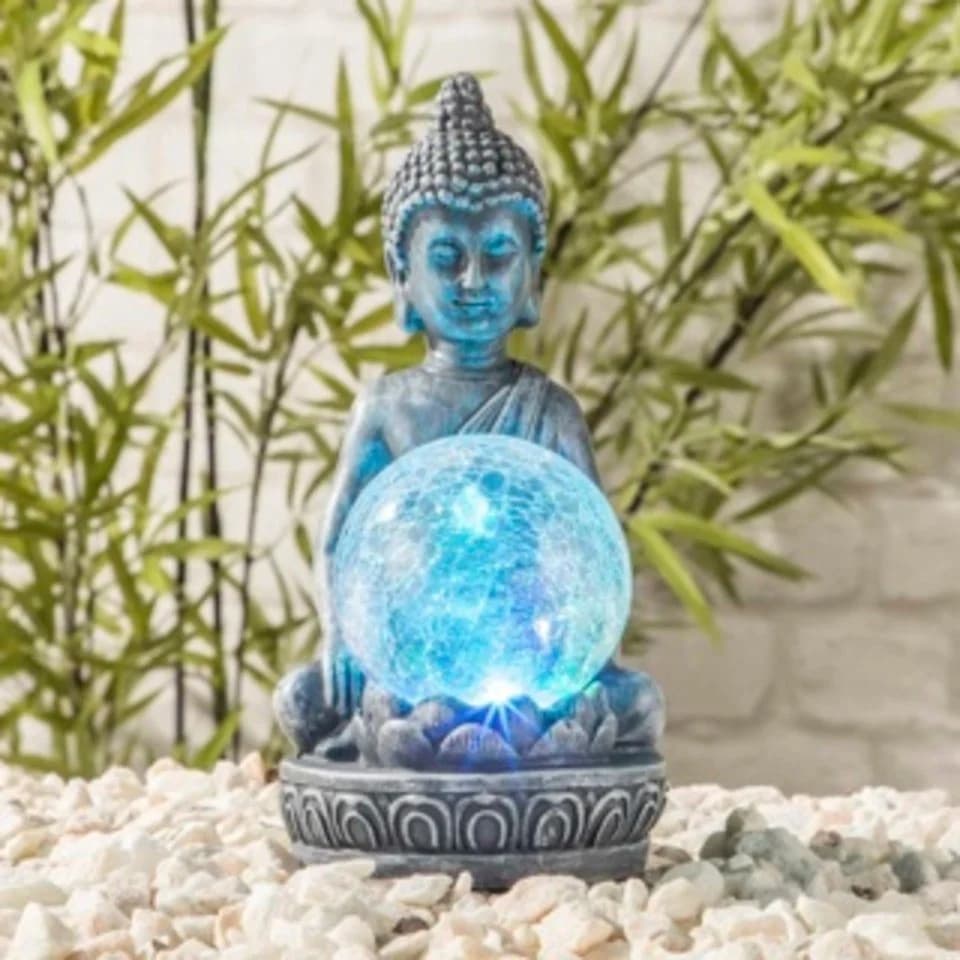 HI LED Außen-Stehlampe LED Solar Buddha mit Crackle Glaskugel